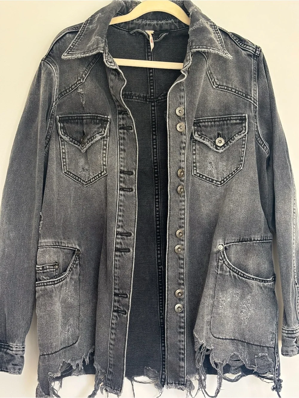 Free People Moonchild Distressed Black Denim Shacket Jacket Oversized XS